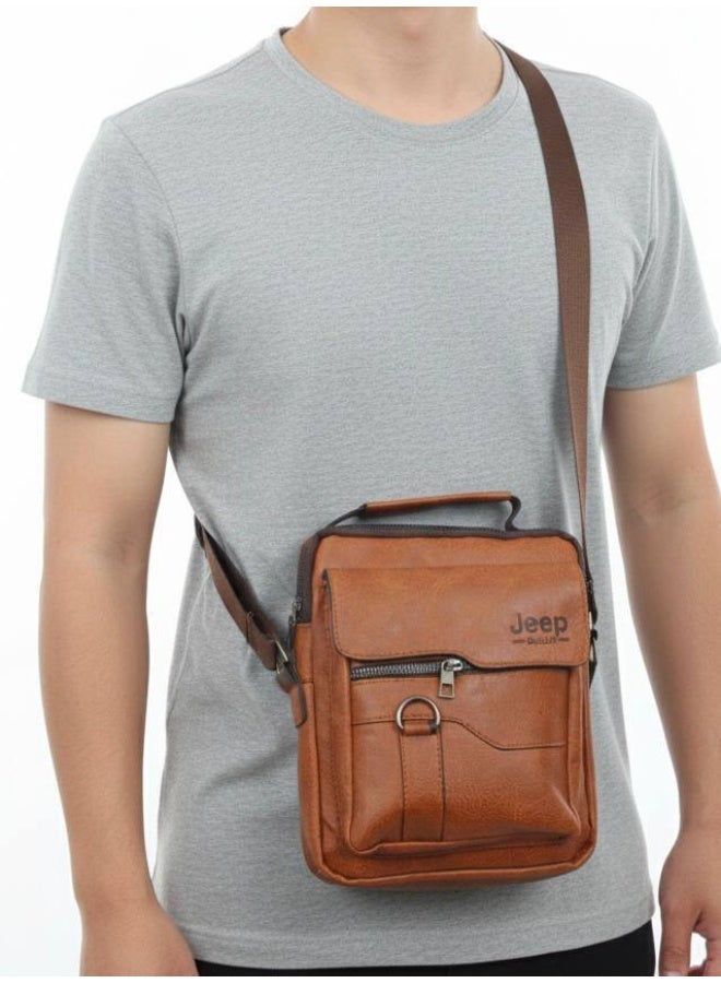 Jeep Men’s Brown Leather Crossbody Bag with Front Zipper Pockets - Image 2